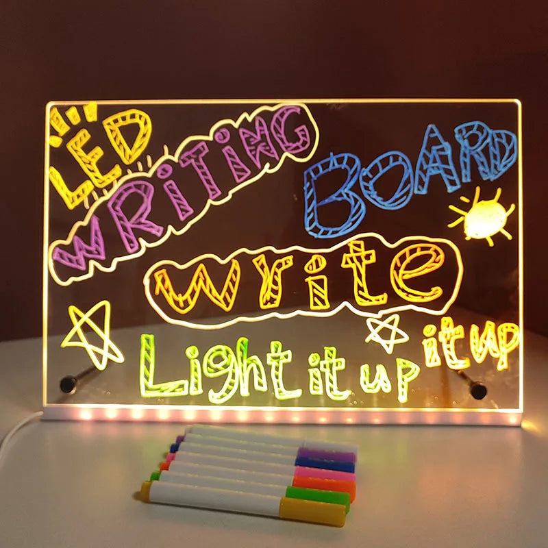 Tableau LED Lumineux RGB Rechargeable - Panneau Message Acrylique Effaçable avec 7 Marqueurs Idée Cadeau