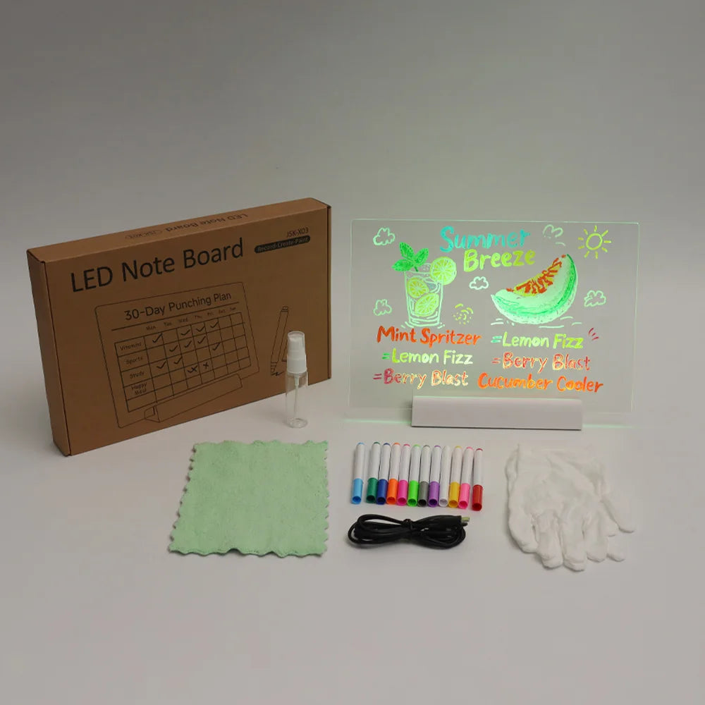 Tableau LED Lumineux RGB Rechargeable - Panneau Message Acrylique Effaçable avec 7 Marqueurs Idée Cadeau