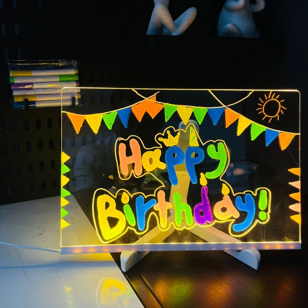 Tableau LED Lumineux RGB Rechargeable - Panneau Message Acrylique Effaçable avec 7 Marqueurs Idée Cadeau